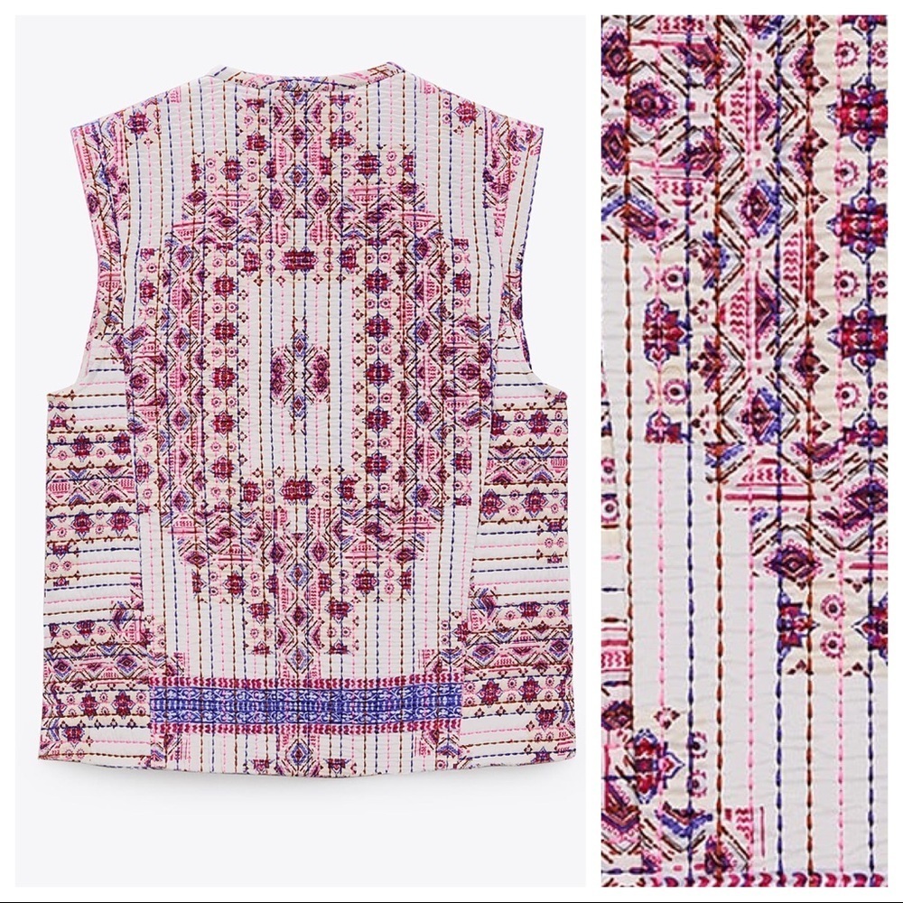 NWT. Zara Cream/Pink Printed Quilted Vest with V-neckline. Size S. - Picture 4 of 8